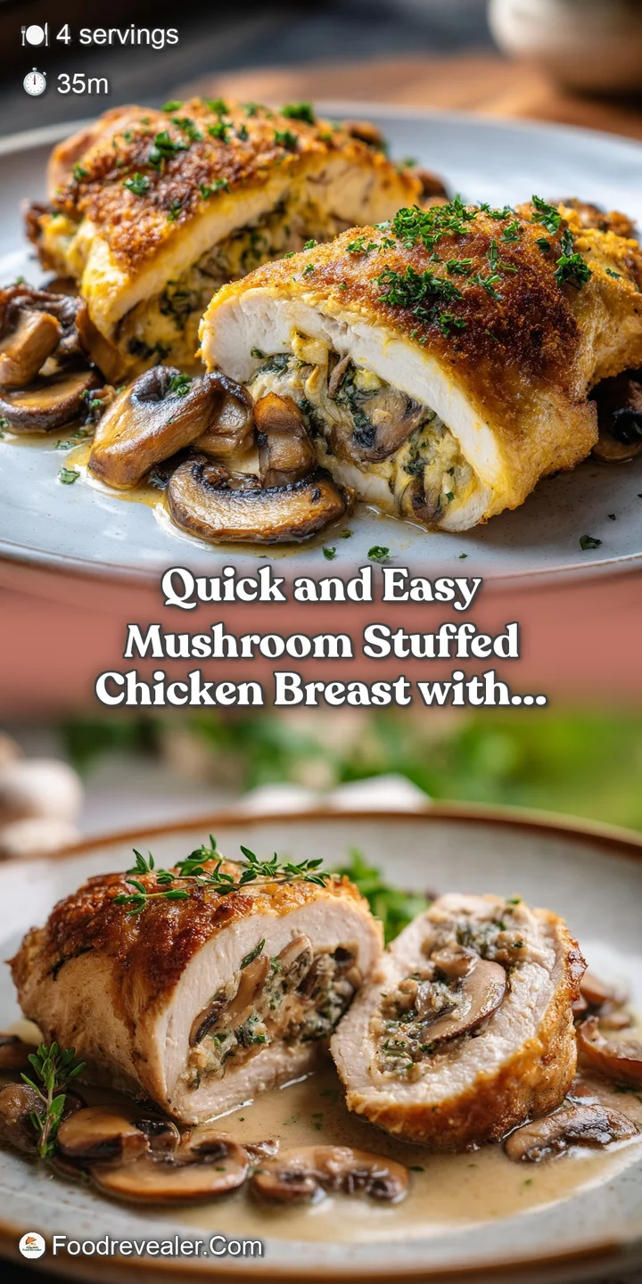 Close-up reveals juicy, tender chicken breast stuffed with savory mushrooms. Golden browned and glistening. A comforting w...