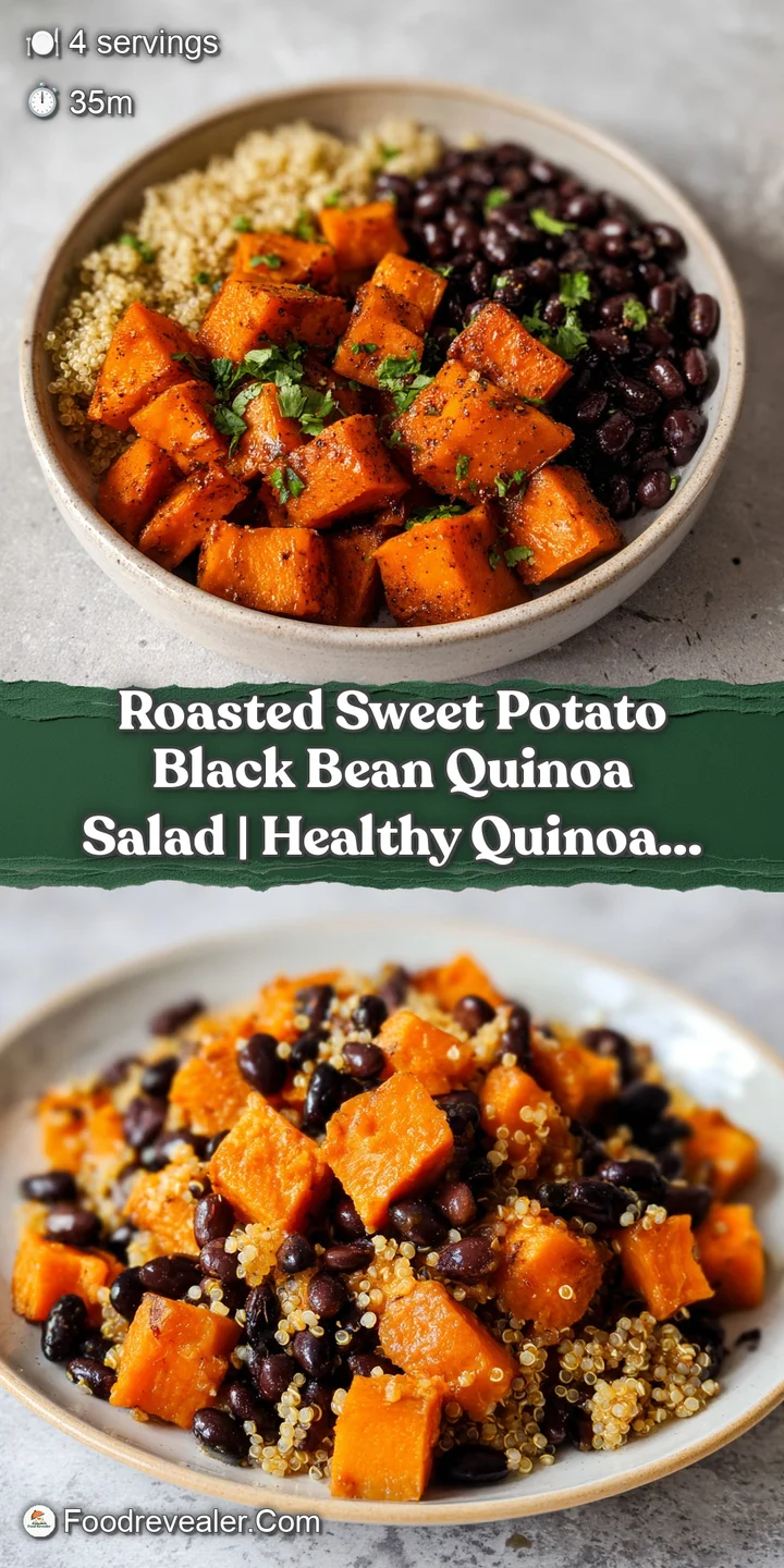 Close-up of glossy, caramelized sweet potato chunks and fluffy quinoa grains glistening with a light vinaigrette