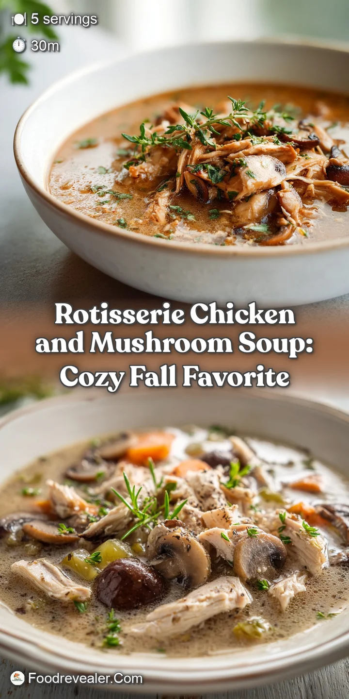 Close-up of mushroom and chicken soup; rich broth with visible herbs, tender chicken, and earthy mushrooms.