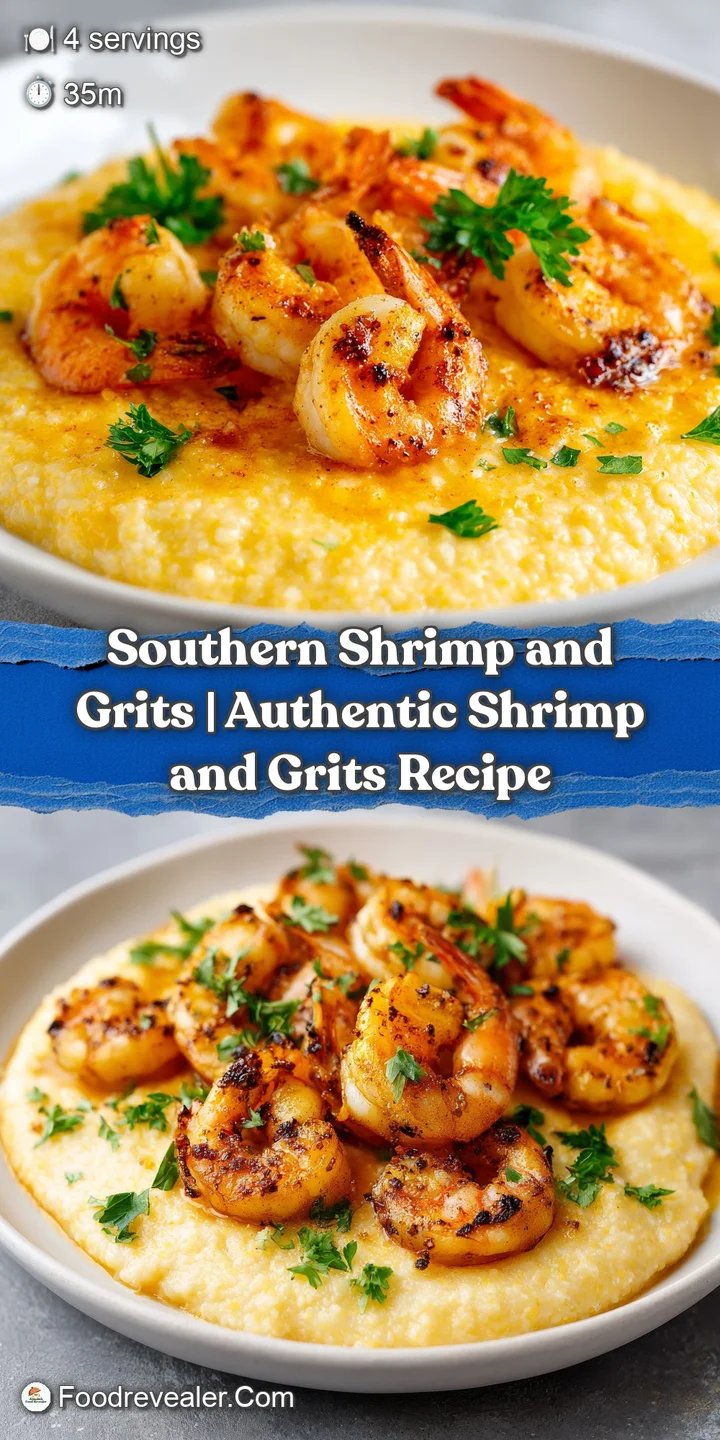 Close-up of juicy pink shrimp glazed in a rich, glossy brown gravy over a bed of smooth, buttery yellow grits