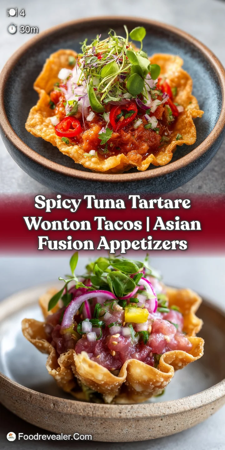 Close-up of ruby red tuna tartare, showing its finely diced texture and flecks of chili, atop a crunchy wonton.