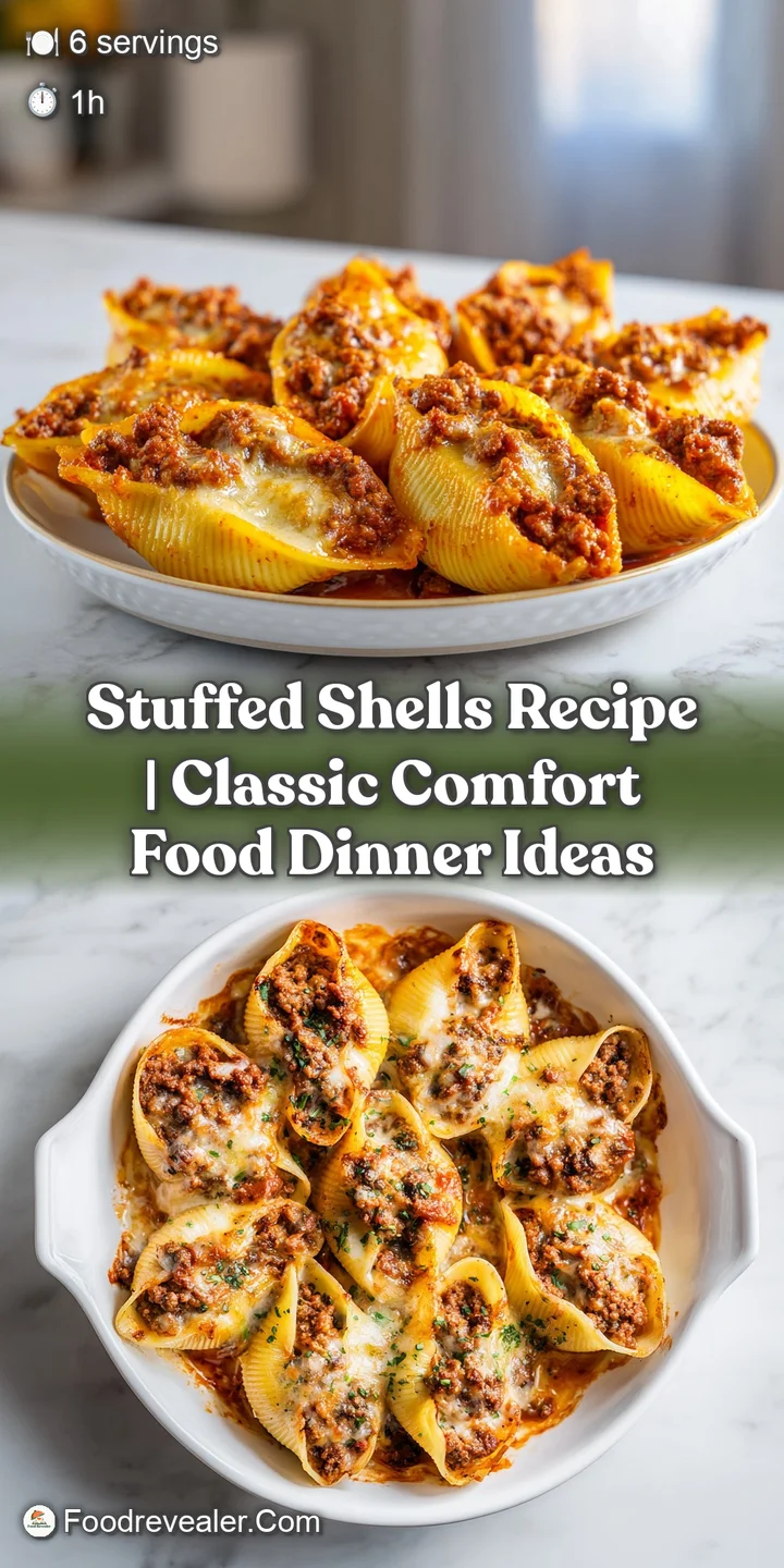 A close-up of tender, cheese-covered stuffed shells, with a dollop of vibrant red marinara sauce glistening.