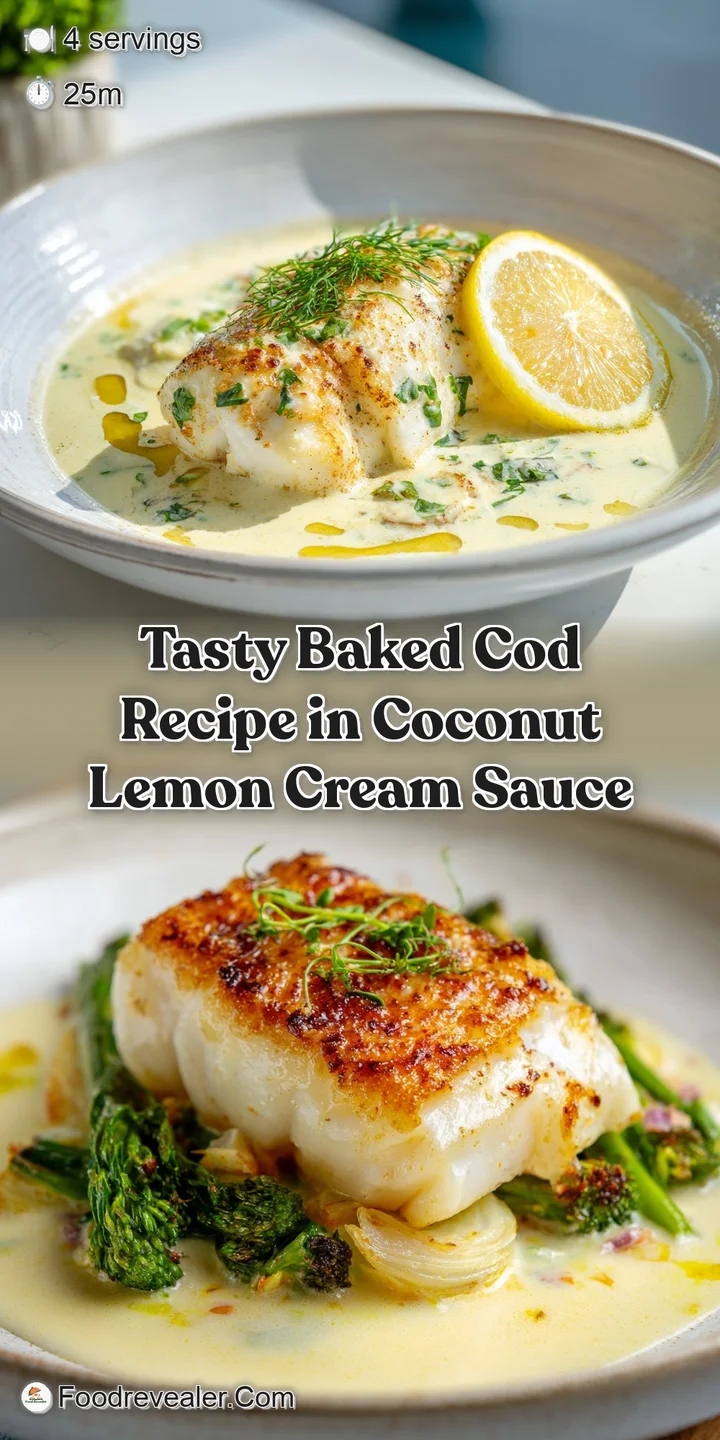 Appetizing close-up of baked cod, its moist, white flesh coated in rich coconut-lemon sauce with flecks of herbs, steaming...