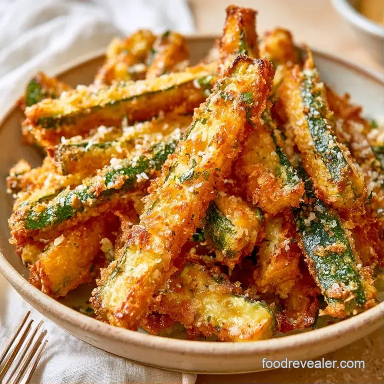 Golden-brown breaded vegetable strips stacked neatly on a dark slate platter with fresh lemon wedges and parsley.