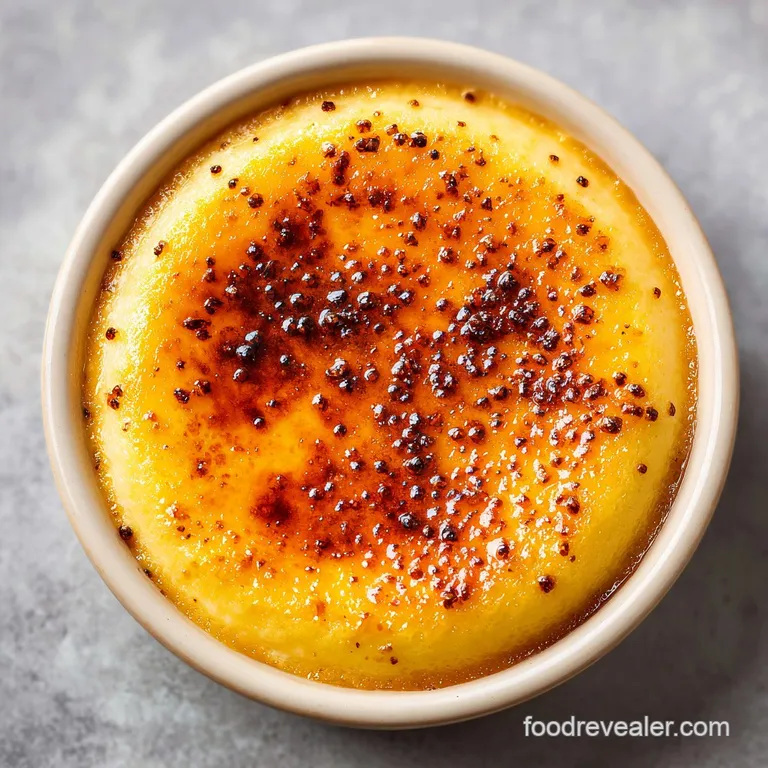 Silky pale yellow custard served in a white ramekin, dusted with aromatic cinnamon and a fresh berry garnish.