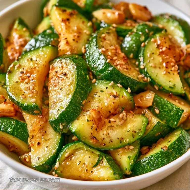 Tender green zucchini slices arranged neatly in a white bowl, garnished with sliced scallions and red chili flakes.