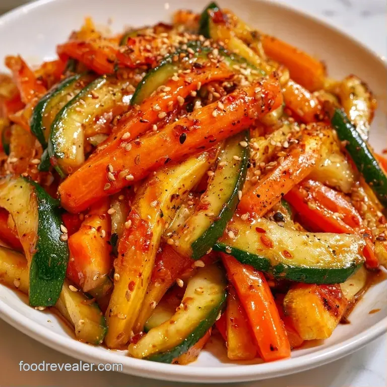 Fresh green vegetable ribbons swirled in a white ceramic bowl, topped with red chili flakes and toasted seeds.