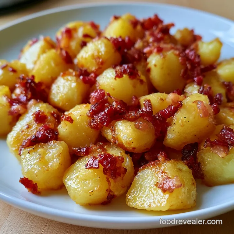 A rustic white bowl filled with glistening gold potatoes, smoky bacon bits, and bright pops of fresh green parsley.