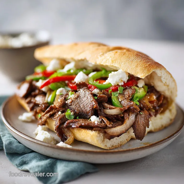 A golden bun overflowing with tender steak and gooey cheese, garnished with vibrant green peppers.