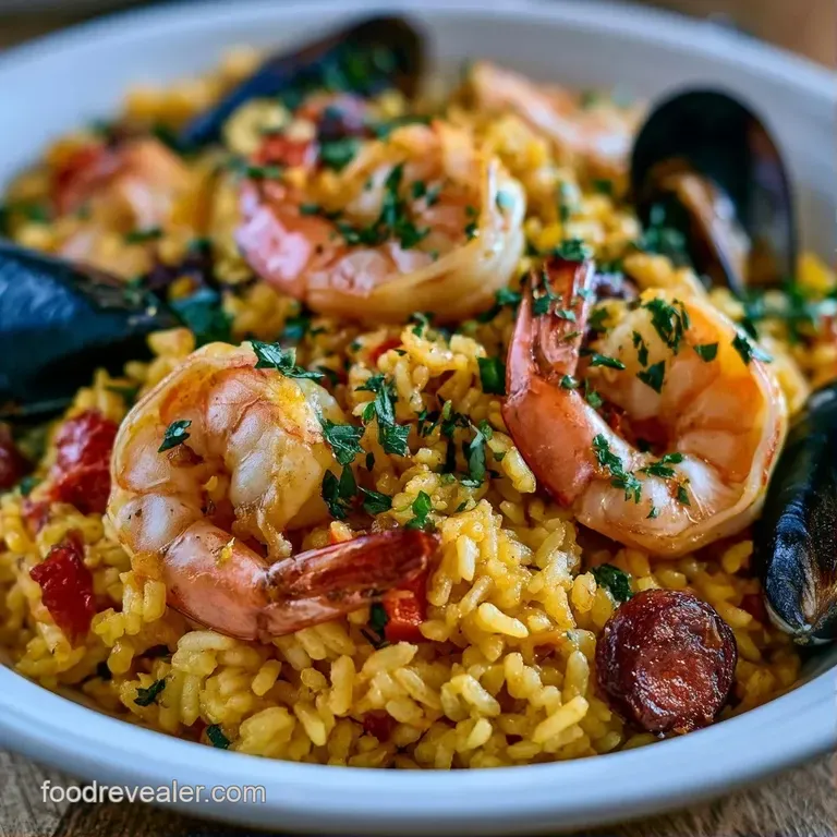 A portion of saffron rice topped with grilled seafood and a lemon slice on a white ceramic plate with a linen napkin.
