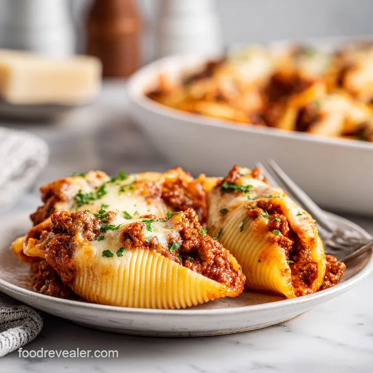 A serving of jumbo pasta shells, baked to golden perfection, nestled on a white plate with a side of fresh parsley.