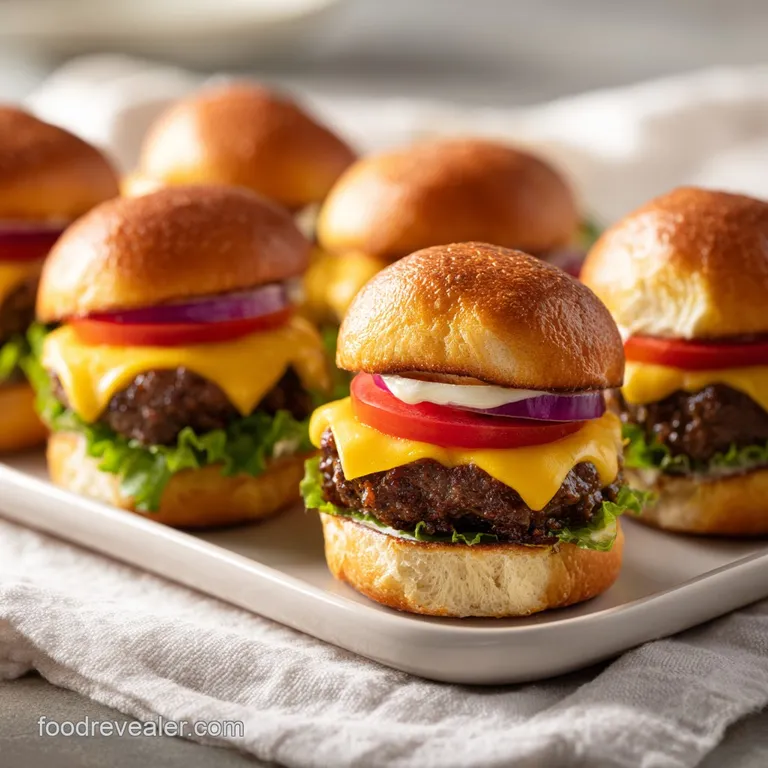 Three perfectly formed sliders on a white plate, showcasing toasted buns, crisp lettuce, and a rich cheese topping.