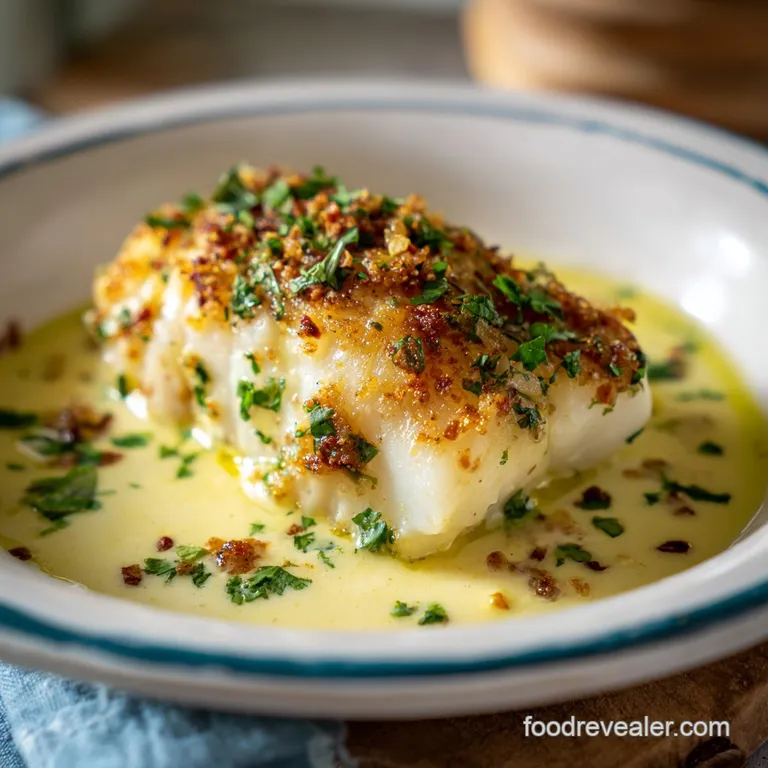 Elegant plate featuring a tender cod fillet in lemon cream sauce, garnished with bright green herbs and lemon slices, a re...