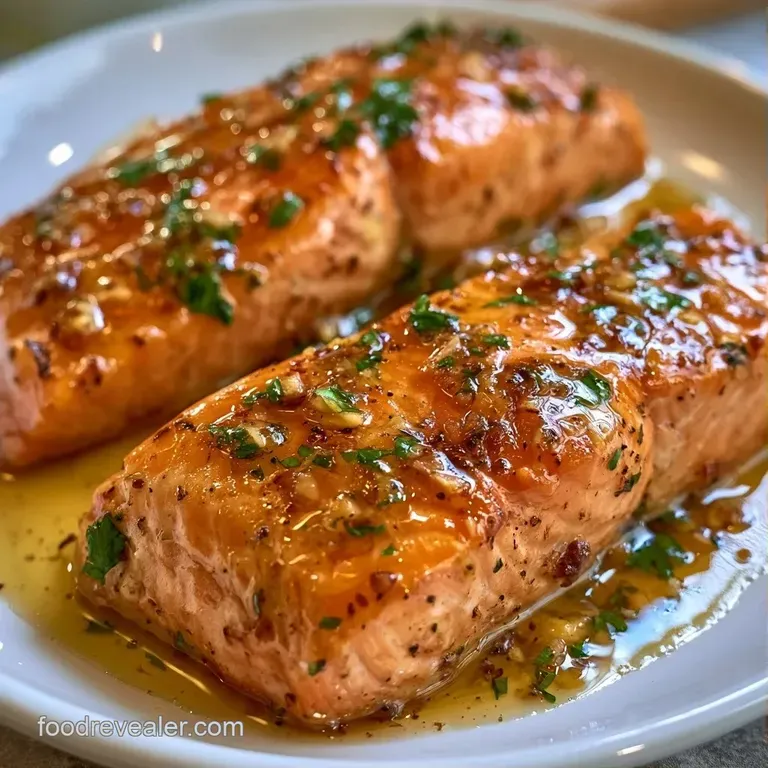 Vibrant orange fillet resting on a white plate with steamed greens and a glistening lemon butter sauce.