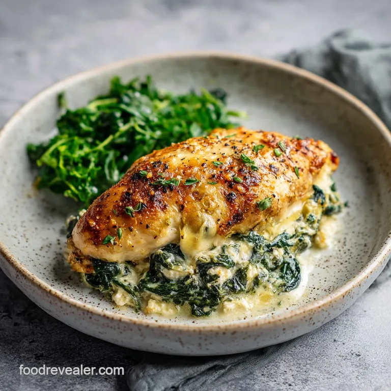 Plated chicken topped with golden, bubbling artichoke-spinach mixture, garnished with fresh parsley. A visually appealing ...