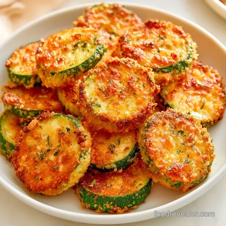 Slices of roasted green zucchini topped with bubbly cheese, plated on a white ceramic dish with a sprig of parsley.