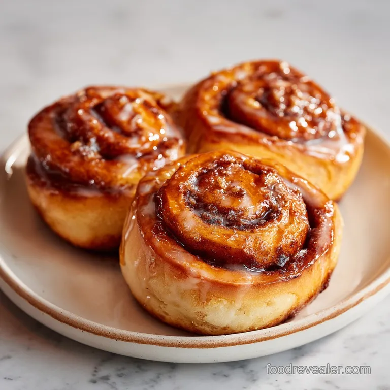 Single fluffy cinnamon roll on a white plate with a melting glaze, garnished with a light dusting of cinnamon.