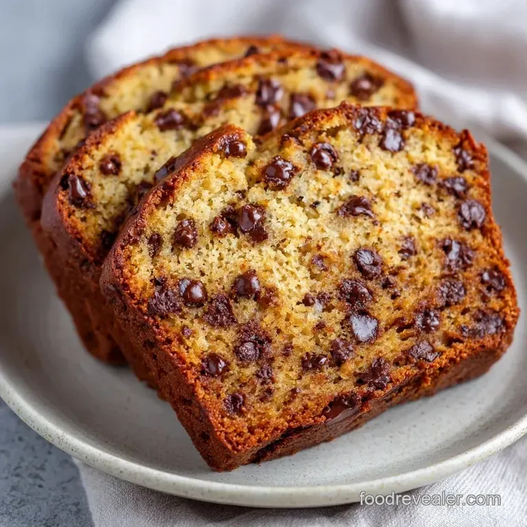 A thick slice of moist cake with melted chocolate chips on a white ceramic plate beside a pat of melting butter.
