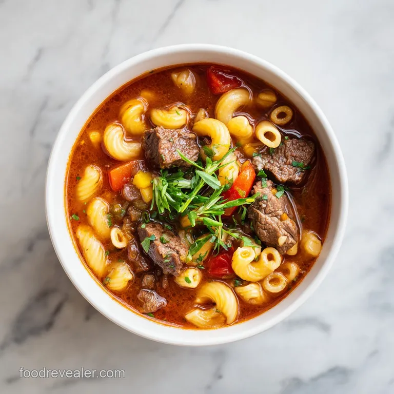 Steaming bowl of beef and macaroni soup, garnished with fresh parsley and a swirl of cream, inviting and comforting.
