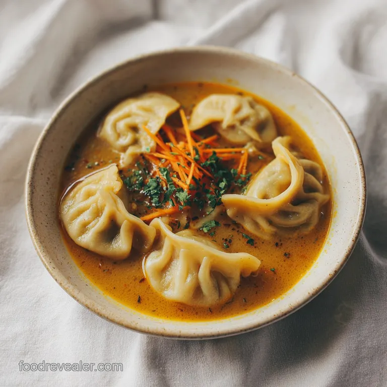 A single dumpling rests on a spoon, showcasing its delicate pleats and the rich, fragrant broth glistening in the background.