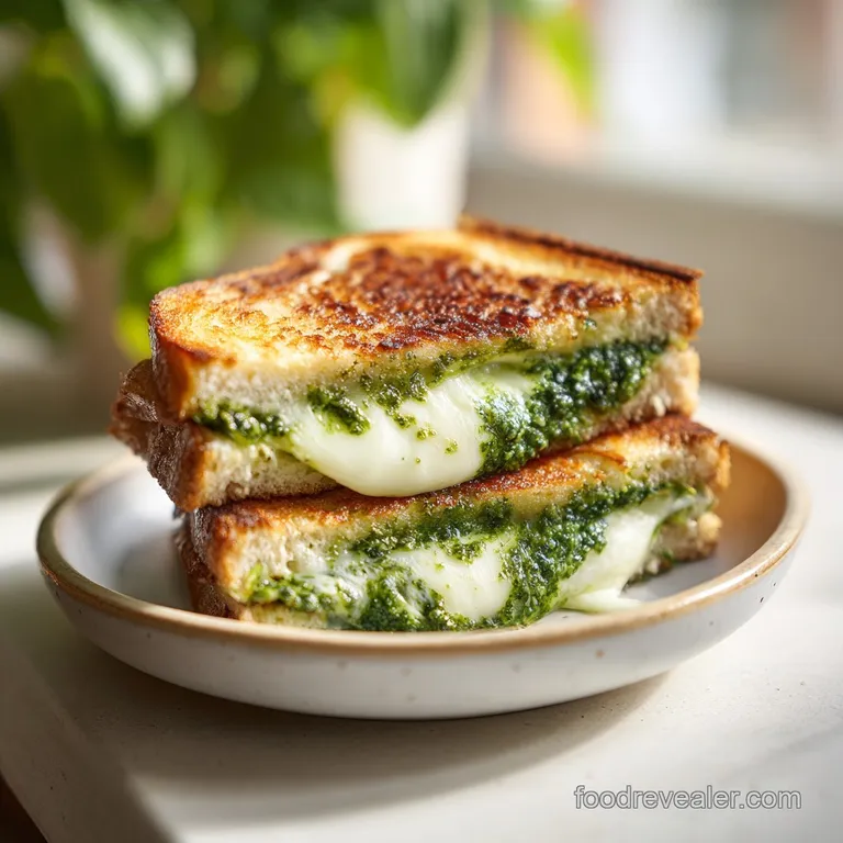 Grilled cheese sandwich on a white plate, with a side of bright red tomato soup and a sprig of fresh basil.