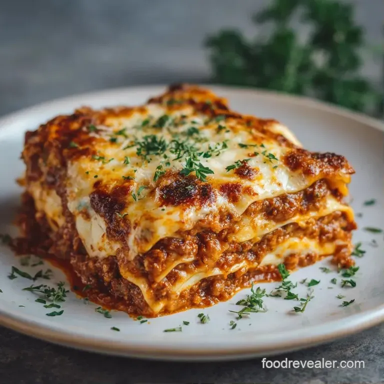 A neat slice of layered cheesy pasta with vibrant tomato sauce and fresh basil on a minimalist white ceramic plate.