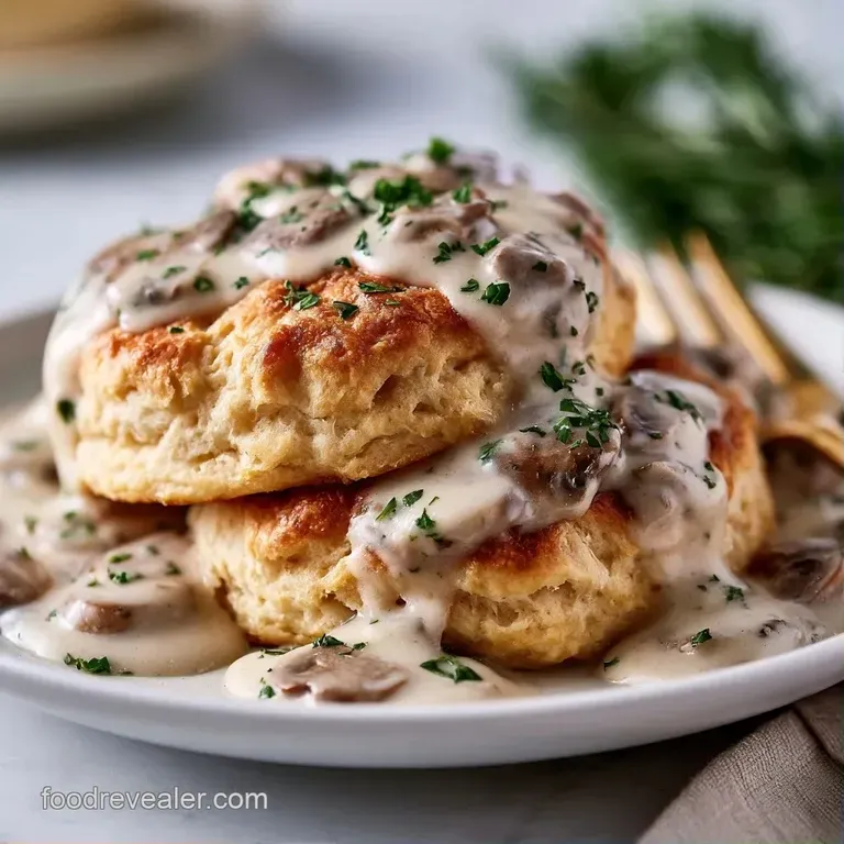 Split buttery biscuits topped with creamy brown mushroom sauce and fresh chopped parsley on a white ceramic plate.
