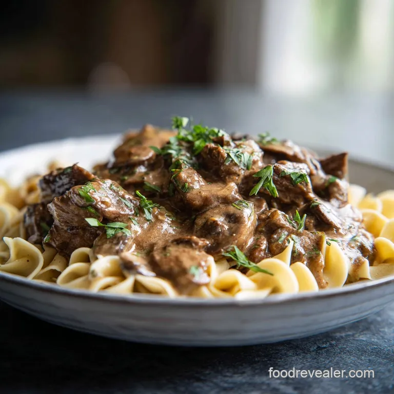 Elegant plate of beef stroganoff with a swirl of sour cream and vibrant green parsley, hinting at warmth and savory richness.