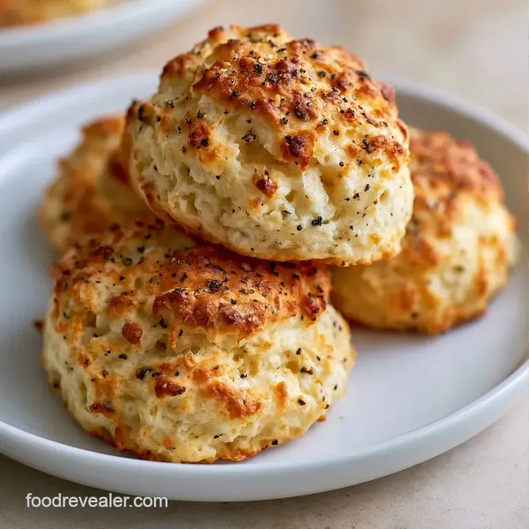 Buttery golden-brown biscuits stacked high on a white ceramic plate with a dollop of melting butter on top.