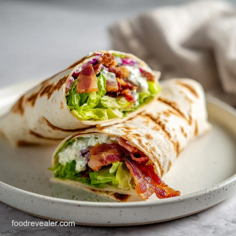 Elevated BLT wrap half. Layers of crisp bacon, ripe tomato & lettuce with a glistening sauce peeking out of the tortilla.
