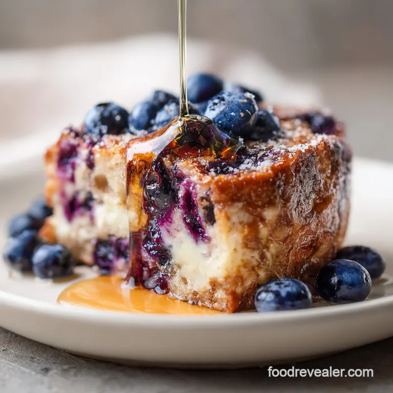 A slice of warm blueberry French toast casserole on a plate, drizzled with syrup, its soft, custardy texture apparent from...