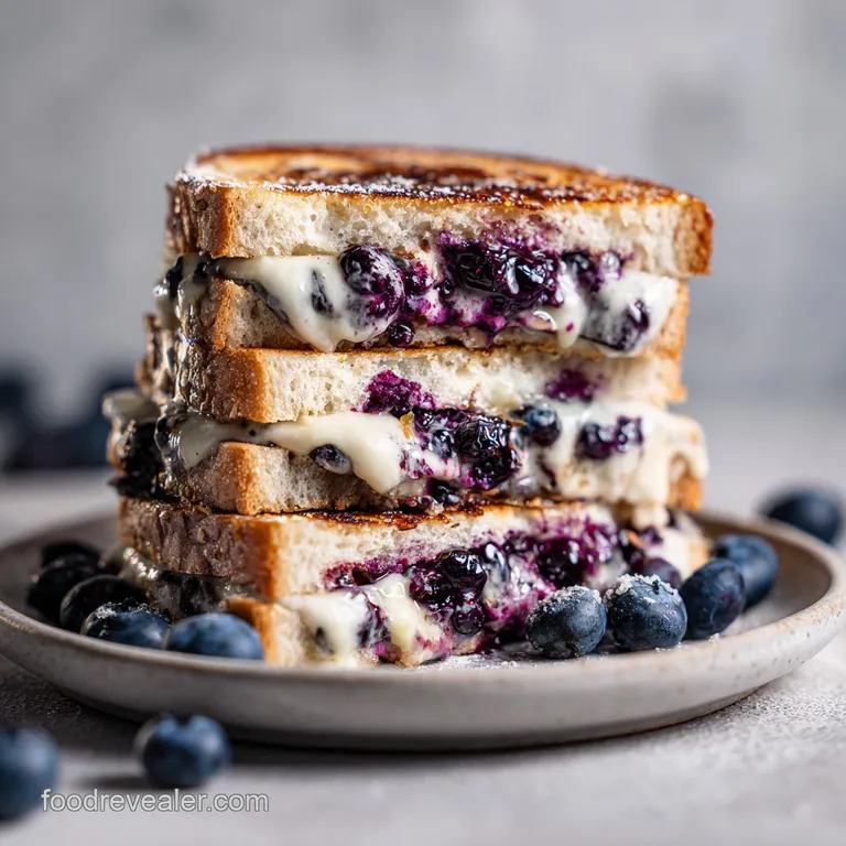 Gourmet grilled cheese half, blueberries visible, plated next to bright leafy greens and a light vinaigrette drizzle.