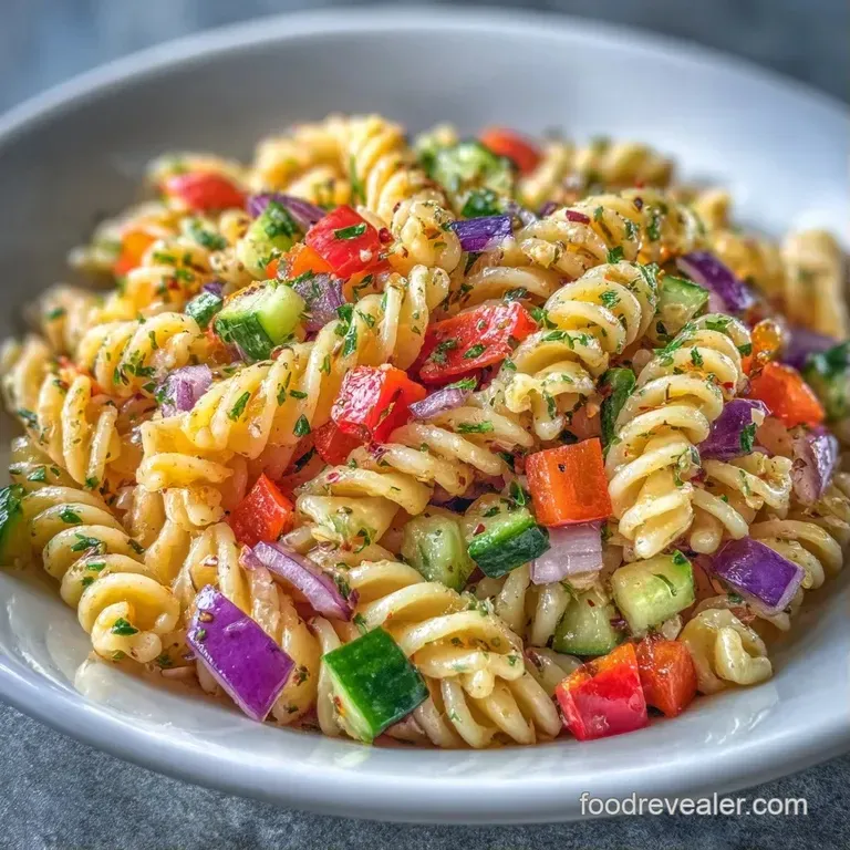 A bright scoop of pasta mixed with diced vegetables and fresh herbs, plated on a modern white ceramic dish.