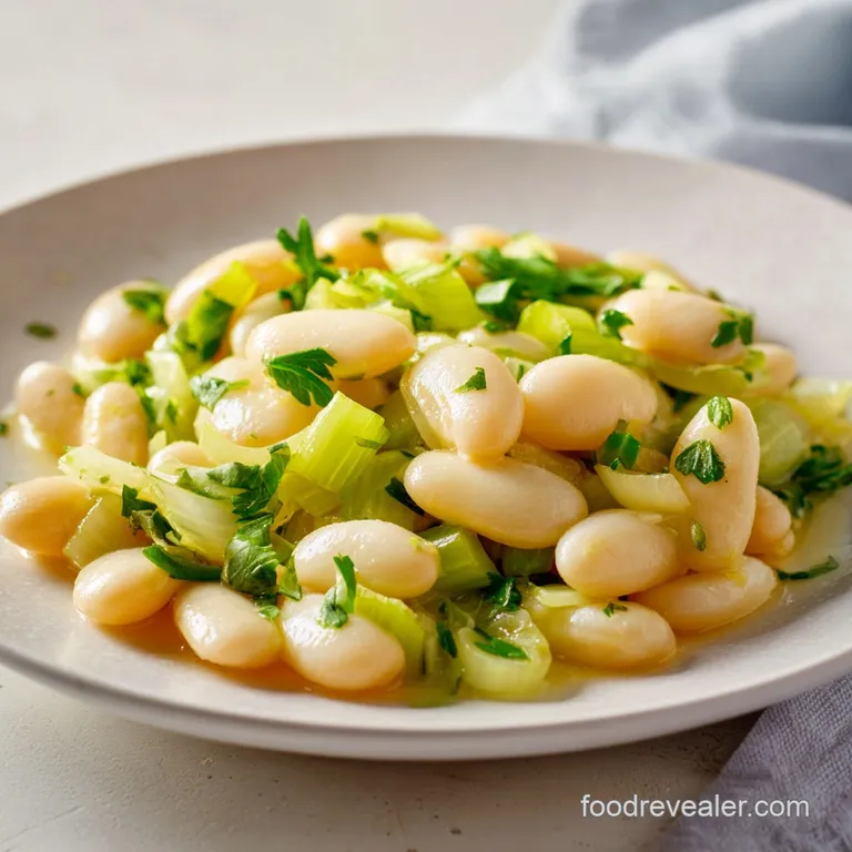 A single serving of buttery beans and leeks, artfully arranged in a shallow bowl, inviting warmth and comfort.