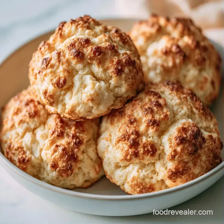 A stack of warm, fluffy biscuits on a white ceramic plate, paired with golden honey and a sprig of fresh parsley.