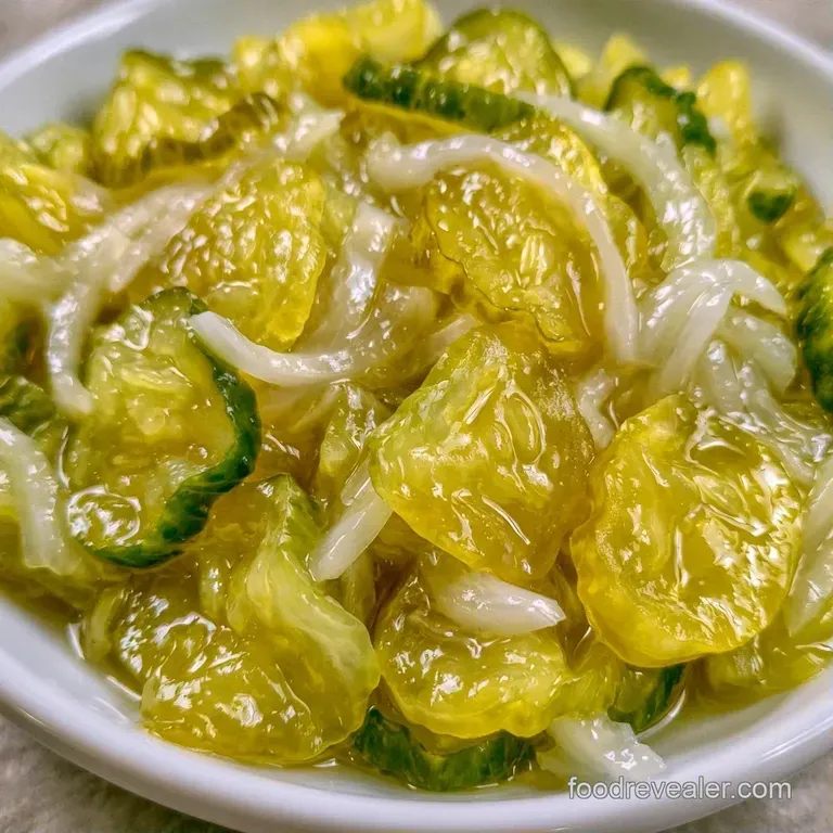 A small white bowl of glossy, pale yellow pickle slices garnished with a sprig of fresh dill on a wooden table.