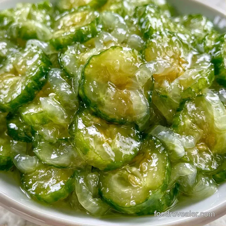 Neatly sliced golden cucumber rounds and white onion rings piled high in a white ceramic bowl with a silver fork.