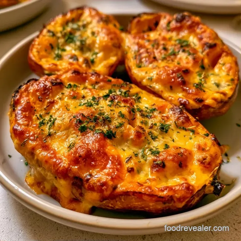 Roasted orange squash bowls filled with melted cheese, plated on a white ceramic dish with a sprig of fresh herbs.