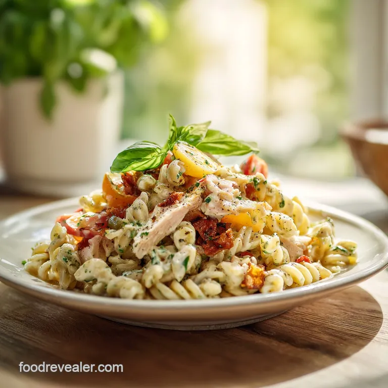 Individual bowl of chicken pasta salad with a creamy dressing, showcasing the juicy chicken and colorful vegetables.