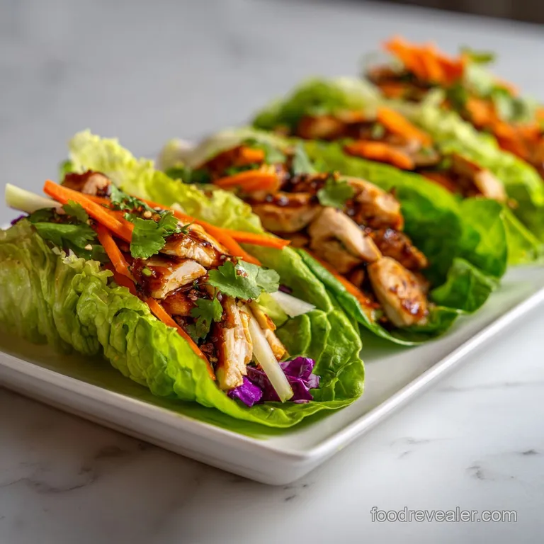 Neatly arranged chicken lettuce wraps on a white plate, showcasing crisp lettuce and savory filling.