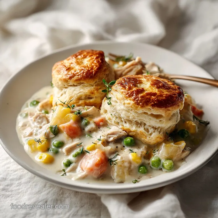 A generous scoop of creamy chicken pot pie casserole with fluffy biscuits, garnished with fresh herbs.