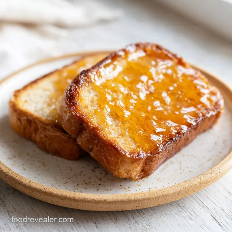 Golden-brown toast arranged on a white ceramic plate with a side of shimmering honey and cinnamon dust.