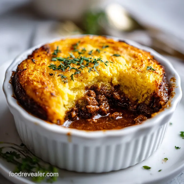 A hearty scoop of shepherd's pie, crowned with fluffy mashed potatoes, on a rustic plate.