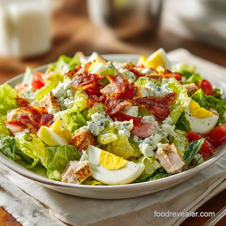 An elegant plate showcasing a colorful Cobb salad with finely chopped ingredients and a light vinaigrette.