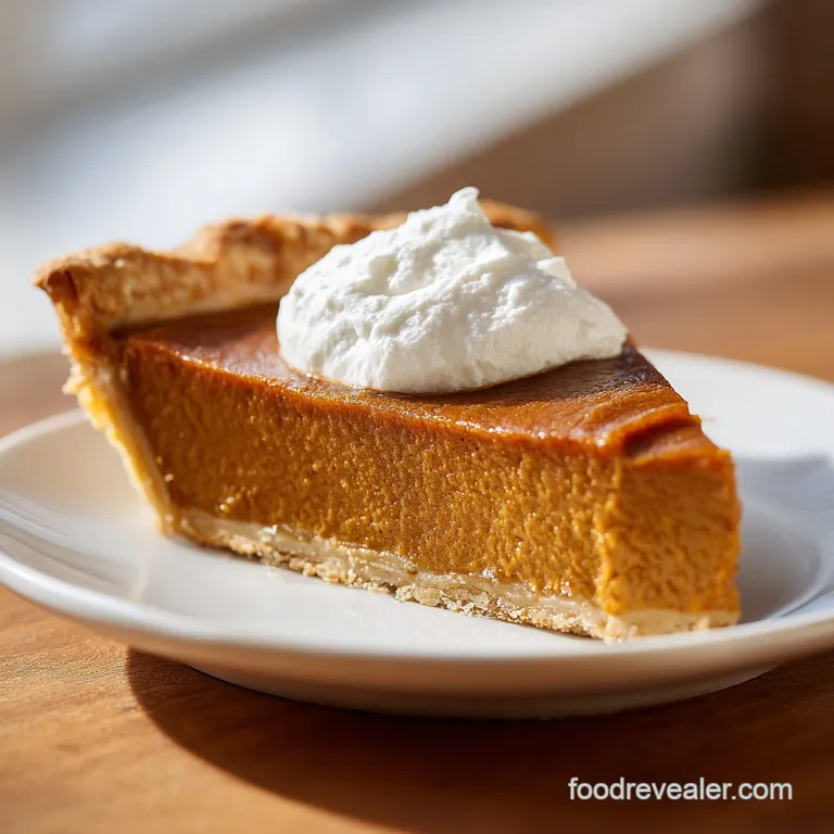 A slice of rich pumpkin pie showcasing its velvety custard, artfully arranged with whipped cream dollops.