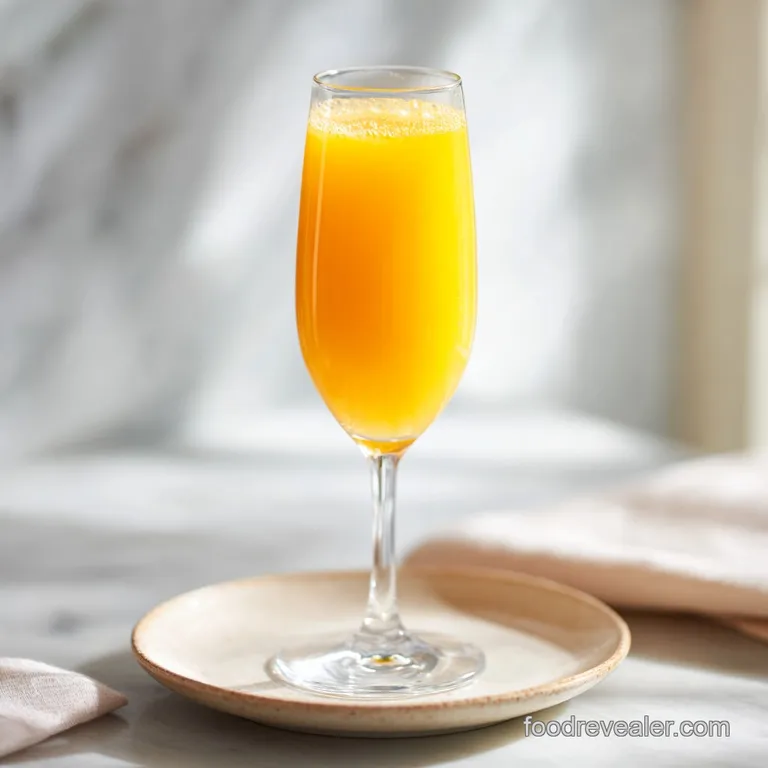 A chilled mimosa in a flute glass, condensation clinging to its side, a vibrant orange slice perched elegantly on the rim.