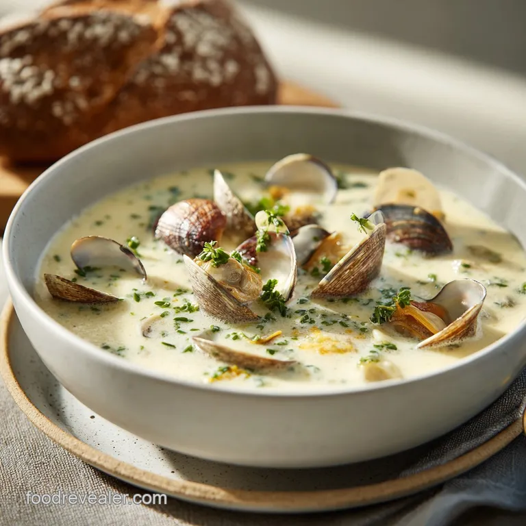 A beautiful white bowl of clam chowder, topped with crisp bacon bits and a sprinkle of parsley.
