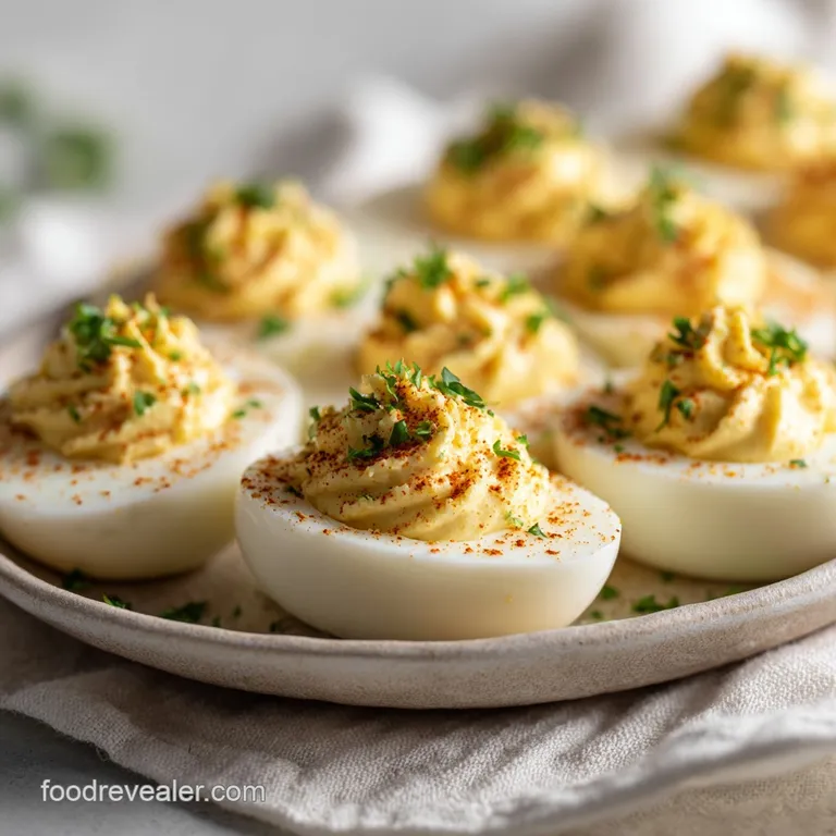 Arranged elegantly on a white platter, pale yellow deviled eggs are topped with fresh chives and a sprinkle of paprika.