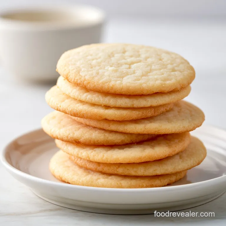 A neat stack of pale, round cookies on a white ceramic plate beside a folded linen napkin and a glass of milk.
