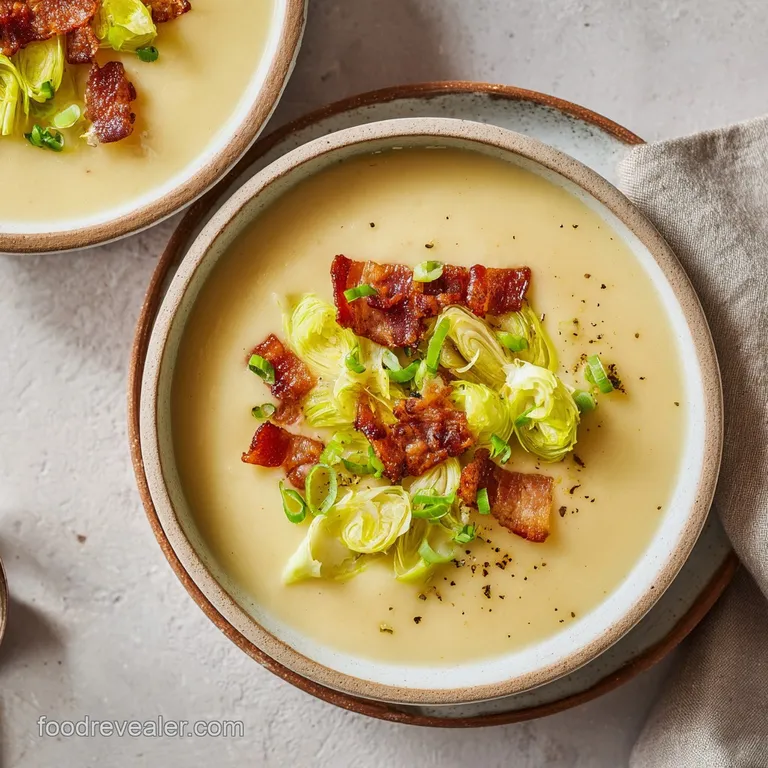 A white porcelain bowl of thick green soup topped with golden bacon lardons and a sprig of fresh parsley.